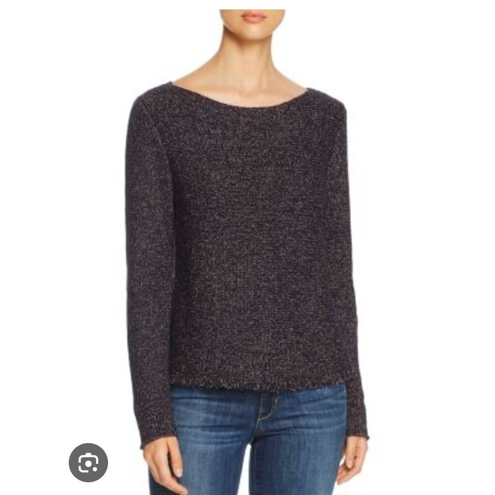 Eileen Fisher Womens Black Fringe Hemmed Wool Blend Sweater Large